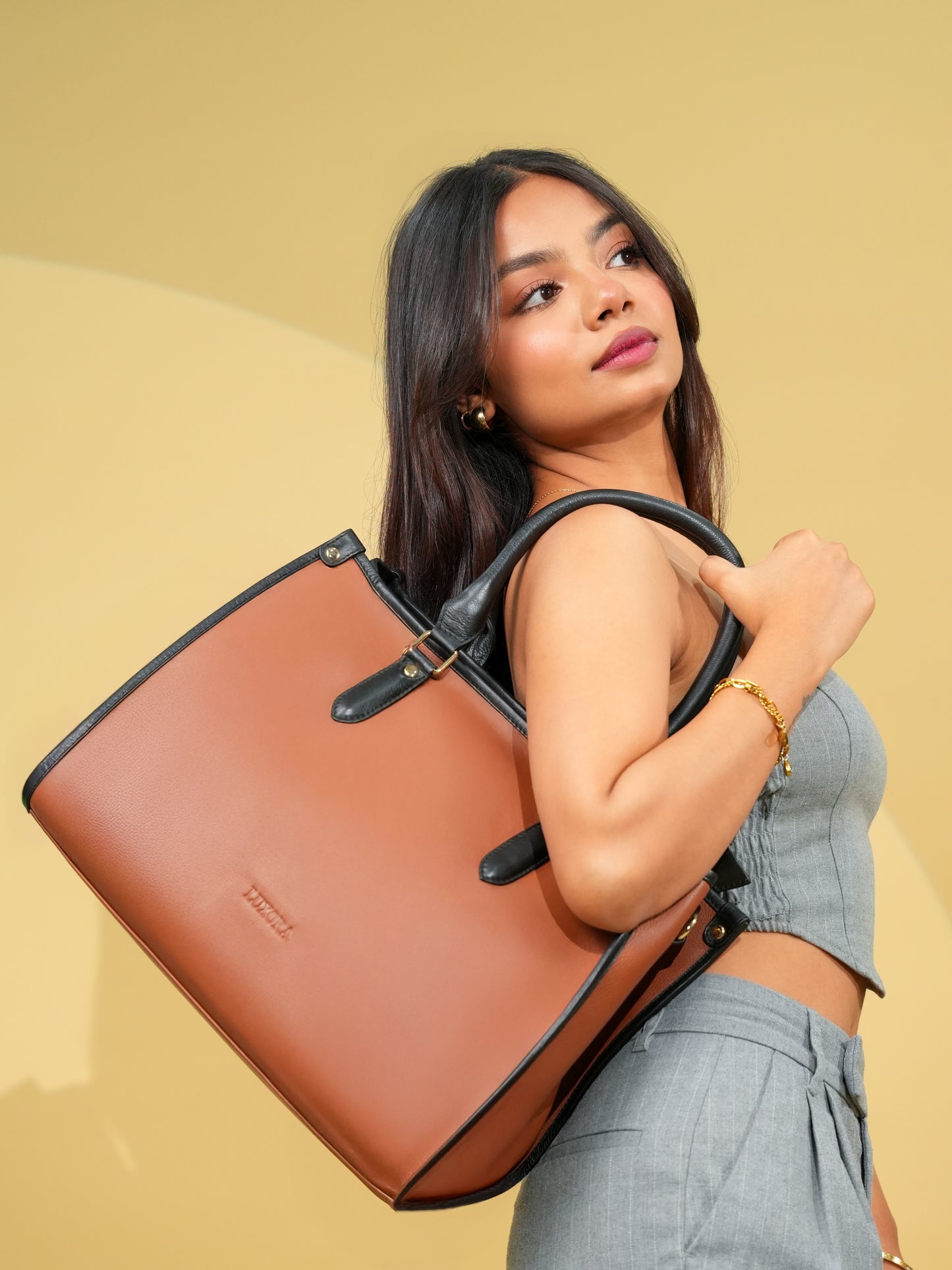 Brunette Contrast Tote | 100% Genuine Leather